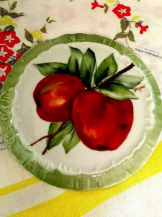 Tea Trivet/tile Hand Painted Signed Red Apples On Round Porcelain Plate For Tea