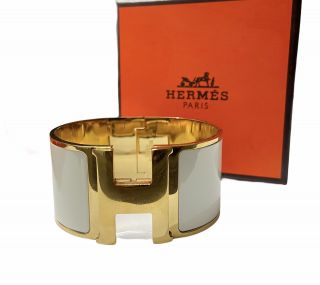 Authentic Hermes Clic Clac Yellow Gold & White Enamel Extra Wide Cuff Bracelet