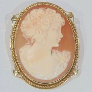Vintage 18k Yellow Gold Large Heavy Shell Cameo Pin Brooch Pendant Naples Italy