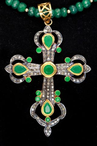 Vintage 14k Yellow Gold Faceted Bead Emerald Diamond Ornate Cross Necklace