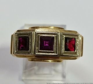 Awesome Large 1930s Art Deco 14k Gold 3 Stone Garnet Mens Ring