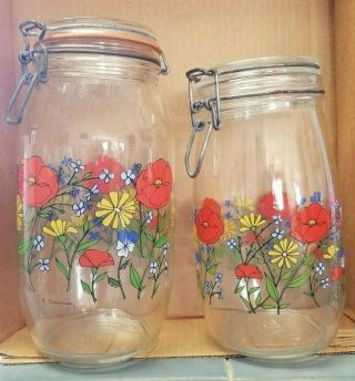 Gorgeous Vintage Wild Poppy Arc France Glass Jars Wire Hinge Lid 1.  5l And 2l