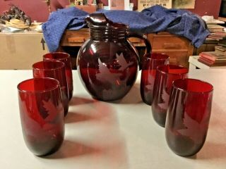 Antique Red Cranberry Glass Blown Pitcher & Drinking Glass Set,  Etched W/geese