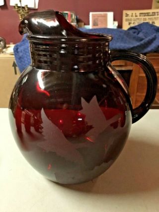 Antique Red Cranberry Glass Blown Pitcher & Drinking Glass Set,  Etched w/Geese 2