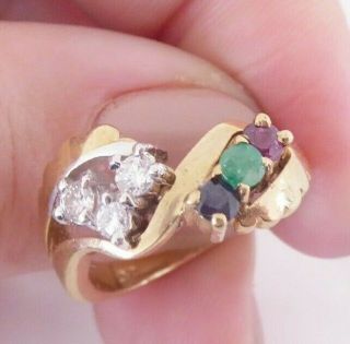 9ct Gold Diamond,  Ruby,  Emerald & Sapphire Heavy Ring,  4 Grams,  9k 375