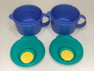 2 Tupperware 3155 Soup Cup 16 Oz.  Microwave Blue With Vented Lids
