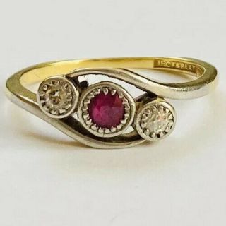 Stunning Art Deco 18ct Yellow Gold And Platinum Ruby And Diamond Trilogy Ring