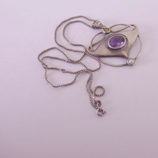Solid silver suffragette gem set art nouveau design large pendant on chain,  925 3