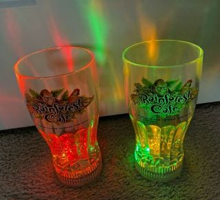 Set Of 2 Rainforest Cafe Plastic Glass Cups With Light Up Colorful Base 7 " Tall