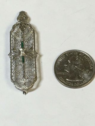 Vintage 10K White Gold,  Emerald,  and Diamond Art Deco Filigree Pendant Brooch 3