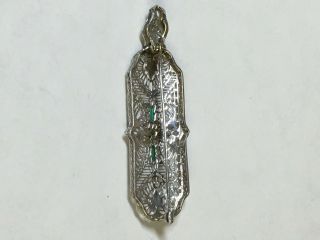 Vintage 10K White Gold,  Emerald,  and Diamond Art Deco Filigree Pendant Brooch 4