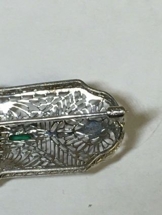 Vintage 10K White Gold,  Emerald,  and Diamond Art Deco Filigree Pendant Brooch 5