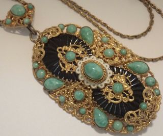Vintage Art Deco Neiger Brothers Gilt Brass Enamel Czech Glass Necklace Brooch