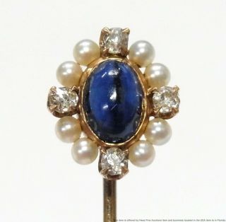 Gia No Heat Natural Sapphire Seed Pearl Diamond 14k Gold Stick Tie Lapel Hat Pin