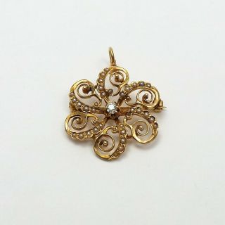 Victorian 14k Gold Mine Cut Diamond Seed Pearl Flower Brooch Pin Pendant