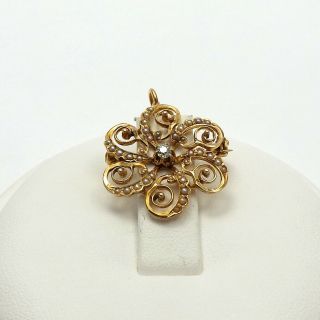 Victorian 14K Gold Mine Cut Diamond Seed Pearl Flower Brooch Pin Pendant 2