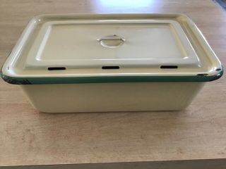 Vintage Green Trim Enamelware Bread Utility Refrigerator Container With Lid