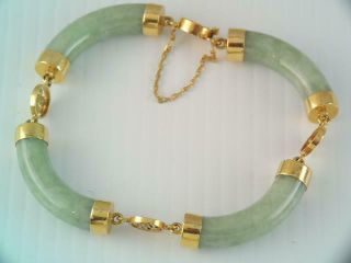 Vintage Chinese Solid 14k Gold & Green Jade Bracelet Ornate Signed