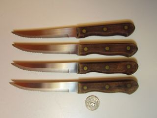 Set Of 4 Vintage Stainless Steel 1/2 Serrated Steak Knives Wood Handle Brazil