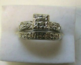 Vintage 14k White Gold Diamond Engagement Wedding Ring Set Sz 4 Signed Happiness