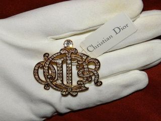 Vintage Christian Dior Logo Monogram Gold Tone Rhinestone Crystal Brooch Pin