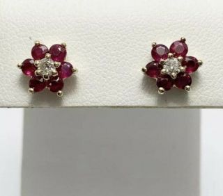 Vintage Bh Effy 14k Yellow Gold Natural Ruby & Diamond Flower Floral Earrings