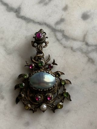 Austro Hungarian Silver Pendant With Rubies,  Emeralds,  And Large Pearl