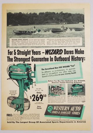 1951 Print Ad Wizard Ten & Twin 6 Outboard Motors Western Auto Stores