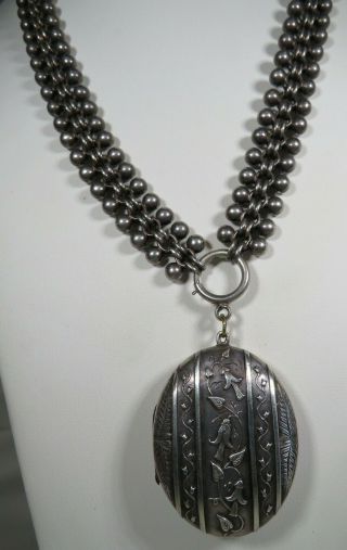 Victorian English Sterling Silver Locket With Handmade Wide Sterling Chain 2