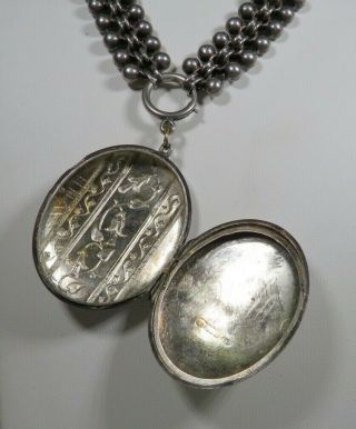 Victorian English Sterling Silver Locket With Handmade Wide Sterling Chain 5