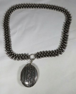 Victorian English Sterling Silver Locket With Handmade Wide Sterling Chain 6