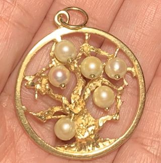 Large Vintage 14k Tree Of Life Charm / Pendant W 6 Cultured Pearls - 7.  8 Grams