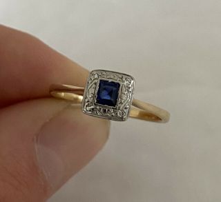 18ct Gold Princess Cut Sapphire & Diamond Period Art Deco Ring 18k 750.