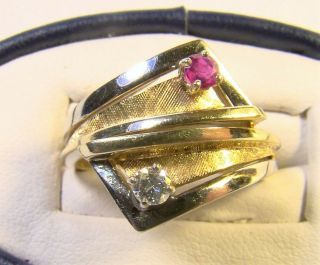 Vintage Mid Century Modern 14 K White & Yellow Gold Diamond Ruby Sz 6.  25 Ring