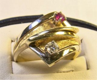 Vintage Mid Century Modern 14 K White & Yellow Gold Diamond Ruby Sz 6.  25 Ring 3