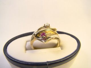Vintage Mid Century Modern 14 K White & Yellow Gold Diamond Ruby Sz 6.  25 Ring 6