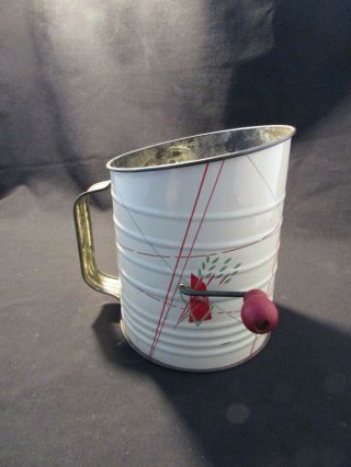 Vintage Metal Flour Sifter Mid Century Shabby Chic,  Wood Knob Crank /Red Flowers 3