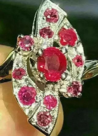 Red Ruby Cluster Ring 14k White & Yellow Gold Sz 5 Old Vintage Mounting F075