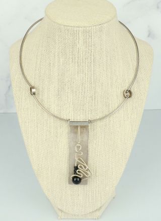 Vintage Oswaldo Guayasamin Signed Sterling Silver Onyx Modernist Collar Necklace