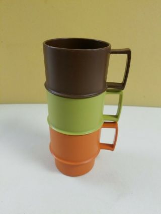 Tupperware Stackable Coffee Cups Mugs Set Of 3,  Vntg,  1312,  Brown Orange Green