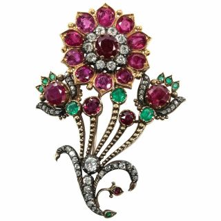 Edwardian 3.  21 Ruby Emerald And Diamond 14k Black Gold Over Flower Brooch Pin