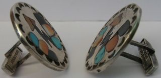 VINTAGE ZUNI INDIAN STERLING INLAY TURQUOISE CORAL LIGHTENING BOLTS CUFFLINKS 2