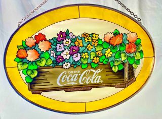 Coca - Cola Oval Sun Catcher - Hand Painted Glass - 1997 Flowers
