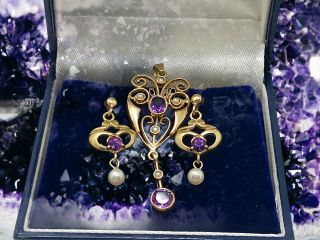 Lovely Art Nouveau Amethyst And Pearl 9ct Gold Set Boxed