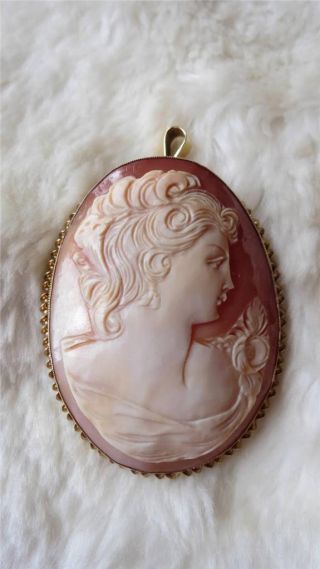 Vintage 1973 Large 9ct Yellow Gold Carved Shell Cameo Brooch Pendant B,  Ham A&co