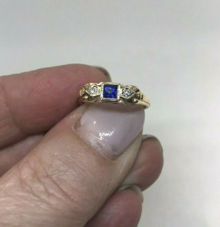 Dainty Antique 14k Art Deco Sparkly Sapphire & Diamond Ring - 3 Across - Sz 6 3/4