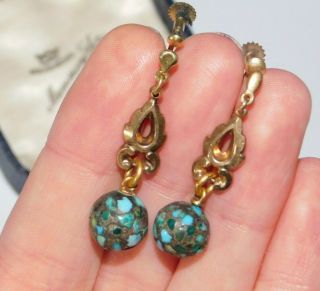 Antique 9ct Gold Victorian Pave Turquoise Drop Screw Back Earrings