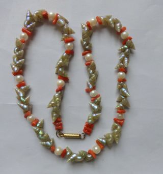Antique Maireener Shell Necklace With Akoya Pearls And Coral