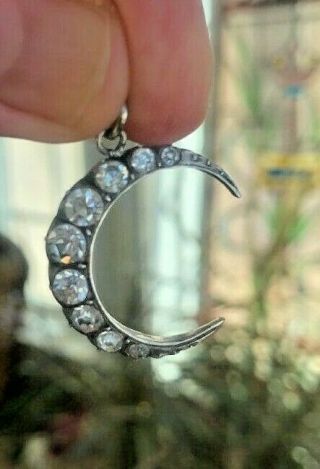 Antique Victorian Crescent Moon Paste Sterling Silver Pendant Necklace