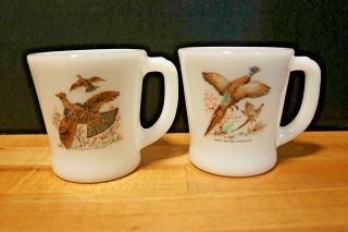 Set Of 2 Fire King Milk Glass Mugs - Ruffed Grouse And Ring Necked Pheasant
